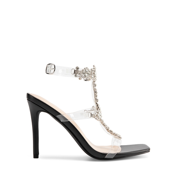 Clear Rhinestone Heel Sandals - BLACK - 3